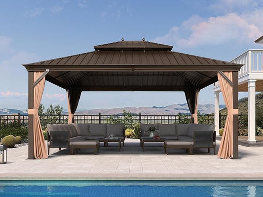 PURPLE LEAF 14' X 16' Outdoor Hardtop Gazebo Patio Wide Aluminum Frame Galvanized Steel Double Roof with Heavy Duty Netting and Curtains for Permanent Hard Top Pavilion Screen Khaki