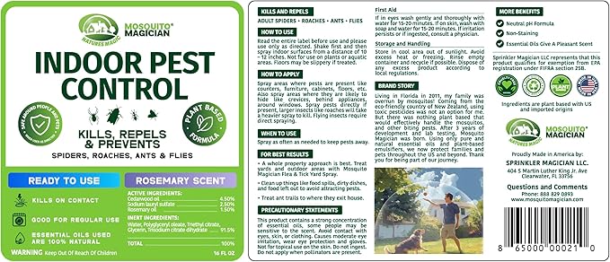 Mosquito Magician Indoor Pest Spray – Design for Indoor Use to Neutralize Spiders, Roaches, Ants & Flies with Plant-Sourced Essential Oils, Efficient Ready to Use Home Pest Spray – Rosemary, 16 OZ