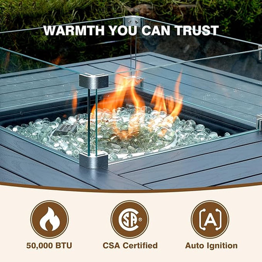 36 Inch Outdoor Propane Fire Pit Table 50,000 BTU – High Top Square Gas Fire Pit with Glass Wind Guard, Wicker Rattan Base for Patio & Backyard, Includes Rain Cover & Glass Beads