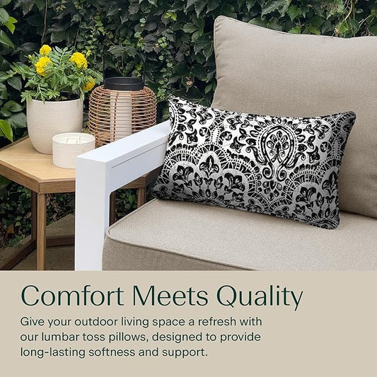 Honeycomb Outdoor Lumbar Toss Pillow Set, 20" W x 12" L, Sorrento Black and White Outdoor Pillows