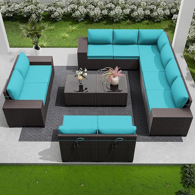 Outdoor Patio Furniture Set, 12 Pieces Outdoor Furniture All Weather Patio Sectional Sofa PE Wicker Modular Conversation Sets with Coffee Table,10 Chairs & Seat Clips Turquoise Blue.