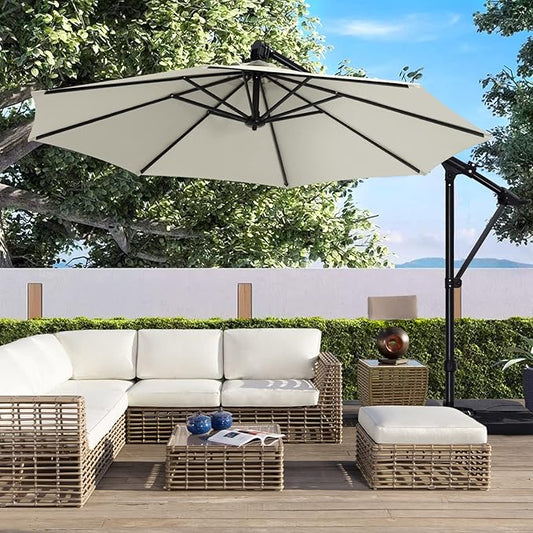 ABCCANOPY 10FT Cantilever Umbrella Offset Hanging Patio Umbrella with Base Stand Rotate and Tilt,Suitable for Garden, Lawn, Backyard(Light Beige)