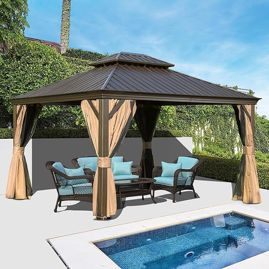 12' x 14' Hardtop Gazebo Outdoor Aluminum Gazebos with Galvanized Steel Double Canopy for Patios Deck Backyard,Curtains&Netting by domi outdoor living