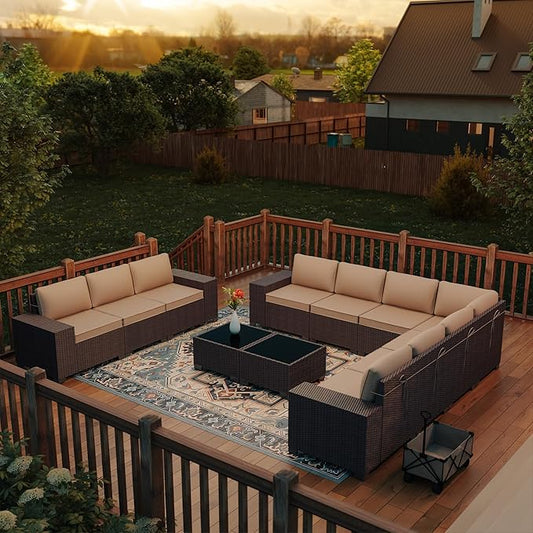 Outdoor Patio Furniture Set, 12 Pieces Outdoor Furniture All Weather Patio Sectional Sofa PE Wicker Modular Conversation Sets with Coffee Table,10 Chairs & Seat ClipsBrown.