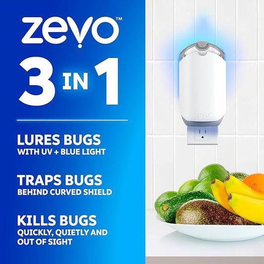 Zevo 2 Flying Insect Traps & 4 Refill Cartridges - Plug in Fly Trap & Indoor Bug Catcher for Gnats, House & Fruit Flies - Blue & UV Light Technology, Mess-Free Alternative to Bug Zapper