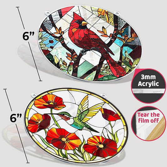 2 Hummingbird Cardinal Acrylic Suncatcher, Art Decor for Home, Suncatcher for Window Hanging, Indoor, Garden, Housewarming, Gift for Mom, Grandma, Women, Friend, Bird Lovers SCB-A6-B1