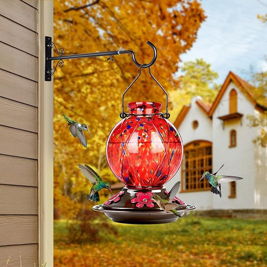 Hummingbird Feeder, BOLITE Glass Hummingbird Feeders for Outdoors Hanging, 20 Ounces, Leak Proof, Meshy Texture Ball Shape Bottle, Red, Birthday Gifts for Women Men, Gifts for Mom Dad