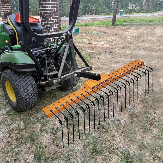 5FT Durable Pine Straw Rake Steel Spring Landscape Rake Fits 2" Receiver for Lawn Tractors or ATV/UTV Orange