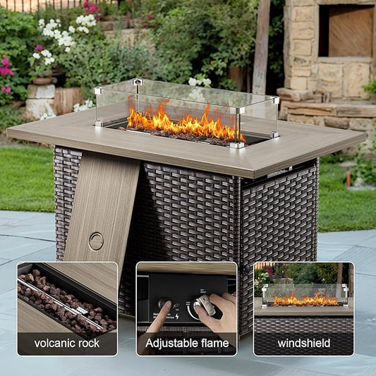 Wicker Outdoor Conversation Se with 50,000 BTU Gas Propane Fire Pit Tablet-7 Pieces Outdoor Wicker High Back Couch Patio Furniture for Deck Poolside Backyard
