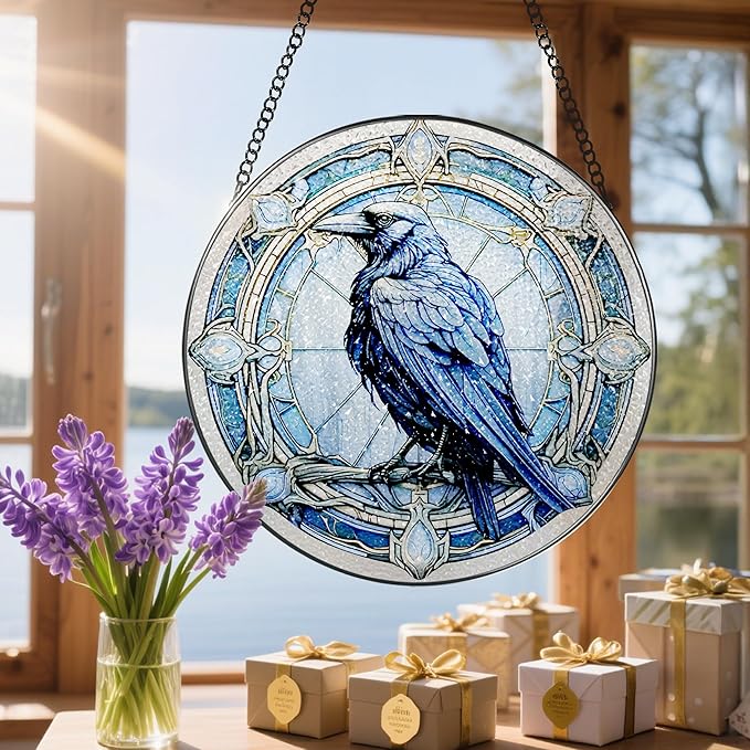 8 Inch Stained Glass Suncatcher Ornament, DOUHASU Crow Sun Catchers Indoor Window, Stained Glass Window Hanging, Home Decor, Bird Lovers Gifts for Women, Men
