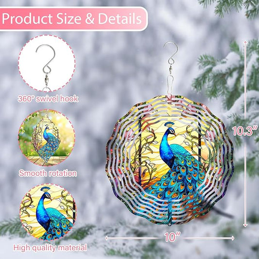 Peacock at Sunset Wind Spinner Stainless Steel Hanging Wind Spinners Mandala Kinetic Art 10 Inch Garden Decoration for Patios, Lawns, and Balconies