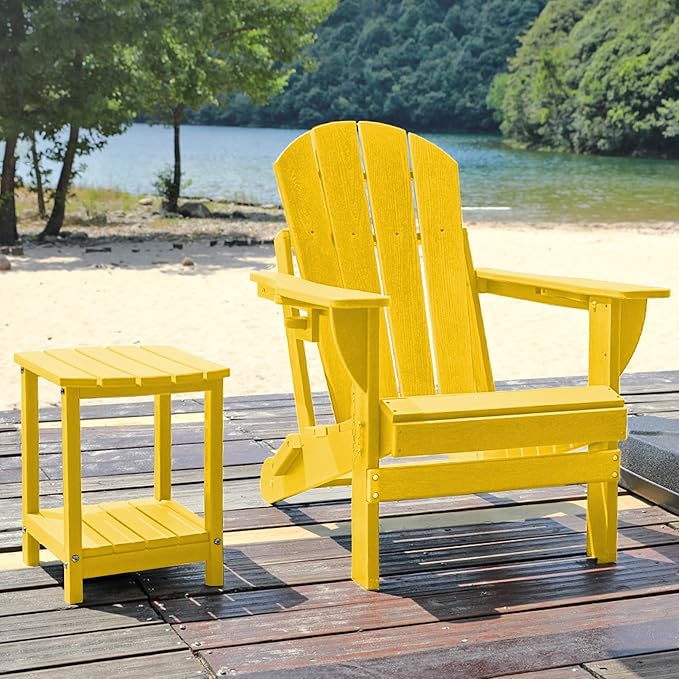 Folding Adirondack Chair, HDPE Outdoor Texture Lawn Chair with Reclining Back, Cup and Phone Holder - Comfortable Firepit Chair Weather Resistant for Patio or Backyard (Yellow, Set of 4)