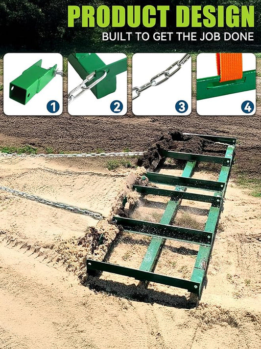 4ft Heavy Duty Drag Harrow for ATV, UTV, Tractor - Adjustable Tow Behind Leveling Rake with Weight Tray for Driveway Grader, Lawn, Field, Pasture, Food Plot Maintenance, Green(48 inch)