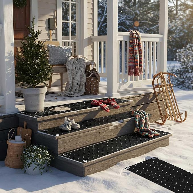 Riakrum 10 Pcs Heated Snow Melting Mats Outdoor, 10 x 30 in Winter Anti-Slip Heated Rubber Mat for Walkways Decks and Sidewalks, Snow and Ice Melting Pads Connection with 9.84 ft Power Cord