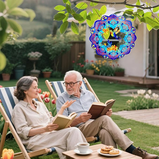 Wind Spinners 12 inch 3D Stainless Steel Laser Cut Metal Art Geometric Pattern Wind Sculpture Hanging for Garden Decorations Gifts Indoor Outdoor Blue