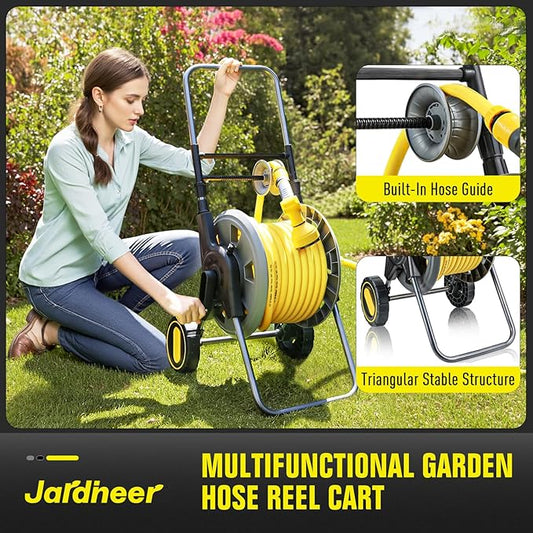 Jardineer Hose Reel Cart with Wheels, Include 100FT Water Hose and Sprayer Nozzle, Portable Garden Hose Set for Watering Flowers, Cleaning Floors, Washing Cars Outside