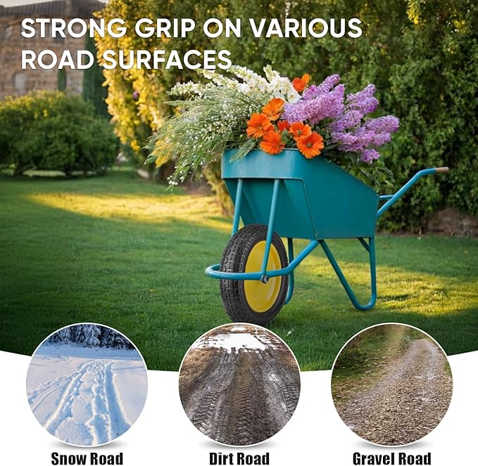 TICONN 4.80/4.00-8 Tire, 14.5" Flat Free Wheelbarrow Tire and Wheel, Solid Replacement Tires with 3" Centered Hub, 5/8" 3/4" Bearings, Universal Fit 4.80/4.00-8, 3.50/3.00-8, 4.00-6 (Yellow)