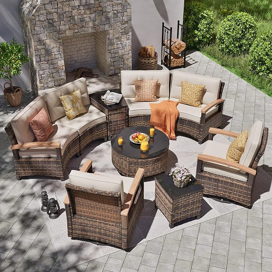 MEISSALIVVE 9 Piece Outdoor Patio Furniture Set, Half-Moon Curved Sectional Set with Wood Armrests, Patio Conversation Set, Tempered Glass Coffee & Side Tables(Brown)