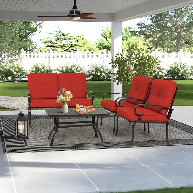 4-Piece Outdoor Metal Furniture Sets Patio Conversation Set Wrought Iron Loveseat, 2 Single Chairs, Coffee Table with Cushion, Lawn Front Porch Garden, Red