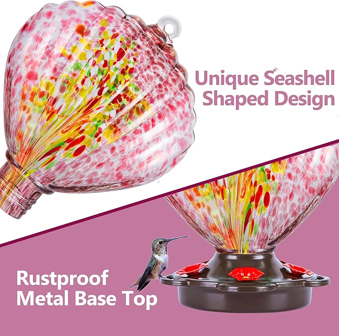 LUJII Seashell Shaped Hand Blown Glass Hummingbird Feeder for Outdoors Hanging, Rust Proof & Leak Proof, 25 fl.oz, Unique Gardening Gift for Friends, Garden & Backyard Decor, Purple