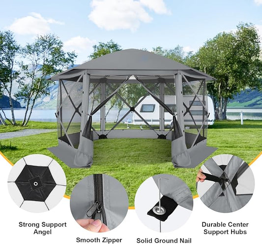 COBlZl Pop Up Gazebo 12x12 Screen House Tent for Camping, Outdoor Instant Stargazing Gazebo Canopy with Awning 2.0, Portable Hub Tent with Mosquito Netting, Pavilion for Backyard,Gray