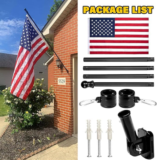 American Flag 3x5 FT with Pole Kit, 6FT Tangle Free Black Flagpole, Heavy Duty Spun Polyester US Flag with Embroidered Stars, Sewn Stripes, Brass Grommets, and Mounting Bracket for Outside House