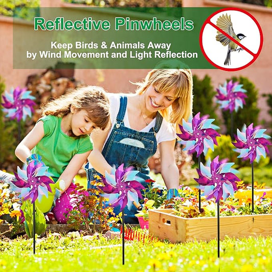 winemana 12 Pcs Reflective Pinwheels Outdoor, Wind Spinners for Yard & Garden, Sparkly Bird Repellent Windmill Scare Birds Away, Deterrent Devices for Outside Patio Lawn Spring Decor (Purple)