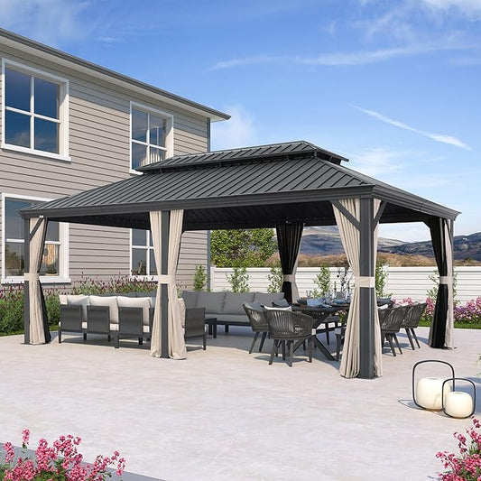 PURPLE LEAF 12' X 20' Hardtop Gazebo with Galvanized Steel Double Roof Aluminum Metal Gazebo for Patio Lawn and Garden Included Netting and Beige Curtains