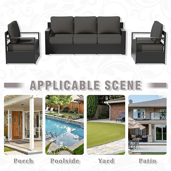 3 PCS Aluminum Patio Conversation Set - Outdoor 3-Seater Sofa, 2 Fixed Chair with 6" Thick Water-insistant Cushions, All-Weather Use Frame, Removable Cover, Ideal for Garden, Poolside (Grey)
