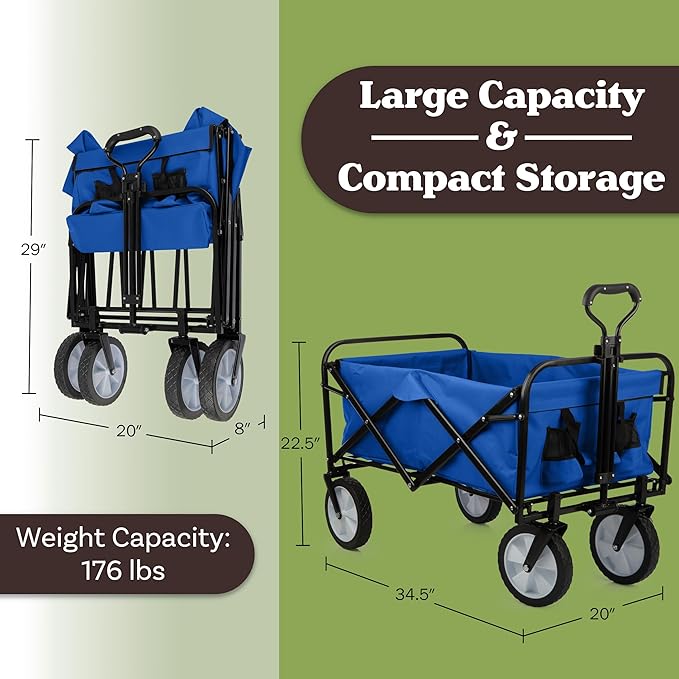 Collapsible Wagon - Grocery Cart on Wheels - Portable Beach Wagon, Folding Garden Trolley or Shopping Cart - Wagons Carts Foldable by Pure Garden (Blue)
