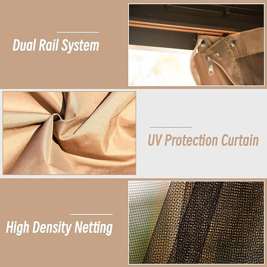 Domi 8' x 8' Hardtop Gazebo Permanent Metal Gazebo with Galvanized Steel Double Roof, Curtains and Netting for Party, Wedding, Outdoor Dining, Patio, Backyard, Brown
