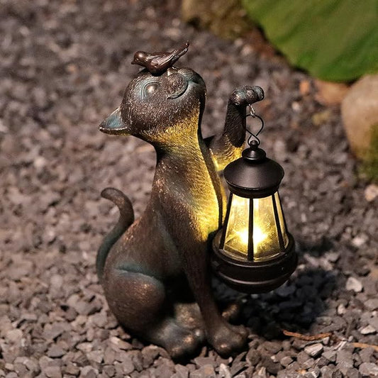 Outdoor Cat Statues Solar Garden Decor : Cat Figurine with Bird Decor,Unique Garden Art for Porch Patio Balcony Yard Lawn Ornaments - Birthday Housewarming Gifts for Grandma Mom Women