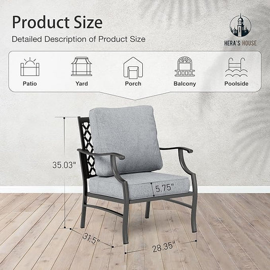 HERA'S HOUSE Outdoor Chairs Set of 2, 2 x Patio Chair with Grey Cushions, All Weather Outdoor Furniture for Lawn Garden Backyard Deck(Leg Chairs)