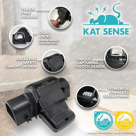 Kat Sense Dual Covered Rat & Chipmunk Traps Set of 2 - Humane Rat Trap Indoor & Outdoor Use, Hinders Accidental Triggering, Tunnel Mouse Trap Design, Touch-Free, Snap Traps for Rats, Mice, Chipmunks