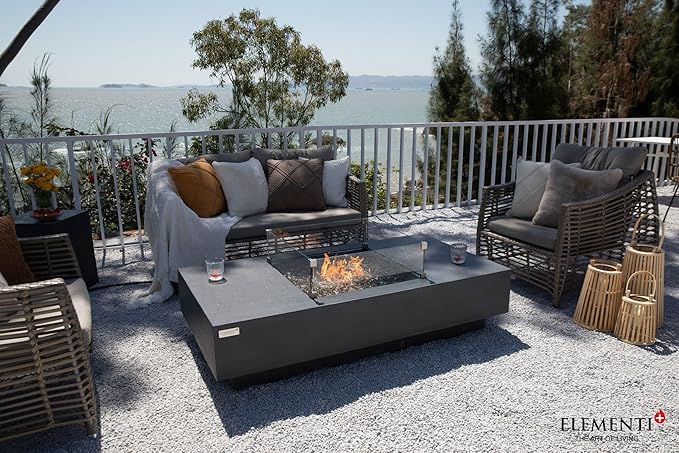 Elementi+ | Cannes Gas Fire Pit Cast Concrete 60" Rectangular Fire Table, Outdoor Fire Pit Electronic Ignition | Canvas Cover, Fire Glass and Burner Lid Included | Dark Gray | Propane Gas