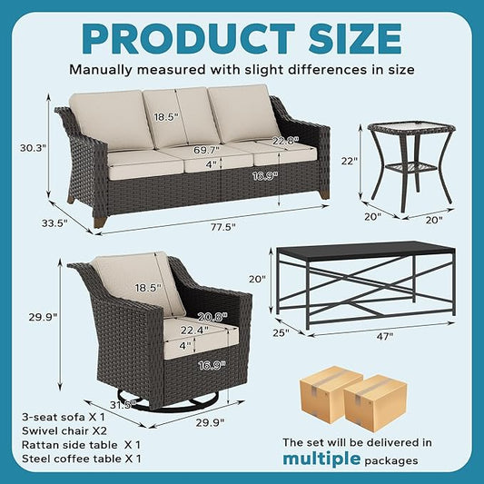 5 Pieces Outdoor Conversation Furniture Set - 77" Patio Sofa, 2 Swivel Rocker Chairs, 1 Side Table, 1 Metal Coffee Table, Patio Wicker Couch Set with Washable Cushions for Porch (Beige)