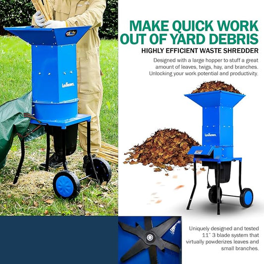 Landworks Electric Leaf Mulcher & Shredder - 15-AMP, 1800W, Steel Construction, 11" Blades, 0.5" Cutting Capacity, 120V AC for Dry Leaves, Grass, & Yard Clippings