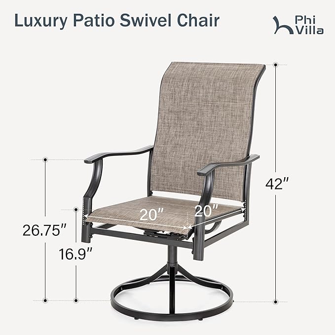 PHI VILLA Swivel Patio Dining Chair with 42" High Back, Padded Textilene Deep Seating Outdoor Chairs with Armrest & E-Coating Frame, All Weather-Resistant for Deck Lawn Garden, Set of 2