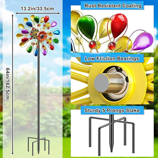 64 inch Garden Wind Spinner, Outdoor Wind Sculpture with 5 Prong Base Stand, Metal Windmill for Lawn Yard Outdoor Art Decorations (B-Colorful)