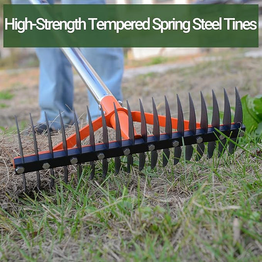 Thatch Rake for Lawns 18 Sharp Tempered Spring Steel Tines Dethatcher Rake Heavy Duty Dethatching Rakes with 62.5" Adjustable Stainless Steel Handle for Lawn Care,Dead Grass, Garden, Yard