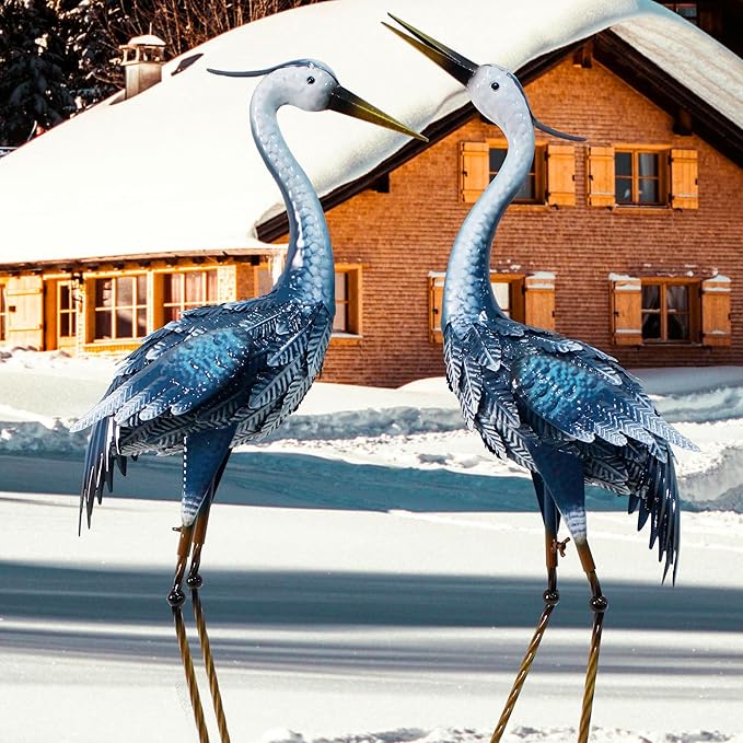 33-35 Inch Blue Heron Garden Statues for Outside, Metal Cranes for Yard Outdoor Decor, Standing Bird Sculptures for Patio, Lawn, and Backyard, Garden Sculptures & Statues, Set of 2