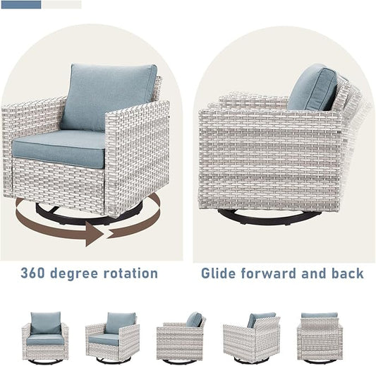 Outdoor Swivel Rocker Chairs, Patio Swivel Chair Set, Wicker Swivel Patio Chairs Set of 2 with One Side Table, Light Grey/Light Blue