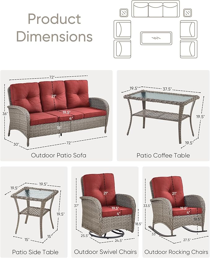 HUMMUH Outdoor Furniture-8 Piece Wicker Patio Furniture Set with Patio Swivel Chair Wicker Rattan Couch with Outdoor Rocking Chair Patio Conversation Set for Deck Lawn Porch Balcony Poolside-Grey/Red