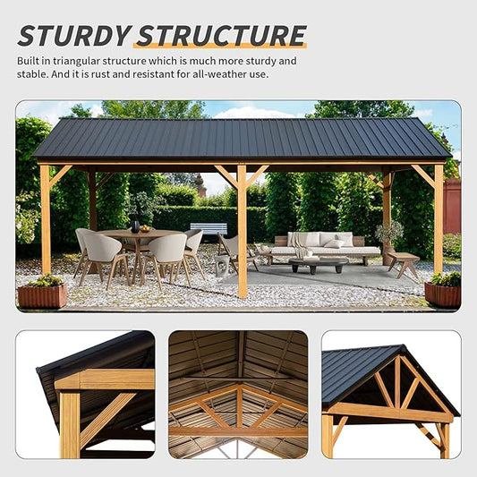 Domi 12’ x 20’ Hardtop Gazebo, Wooden Coated Aluminum Frame Canopy with Galvanized Steel Gable Roof, Outdoor Permanent Metal Pavilion for Patio, Deck and Lawn
