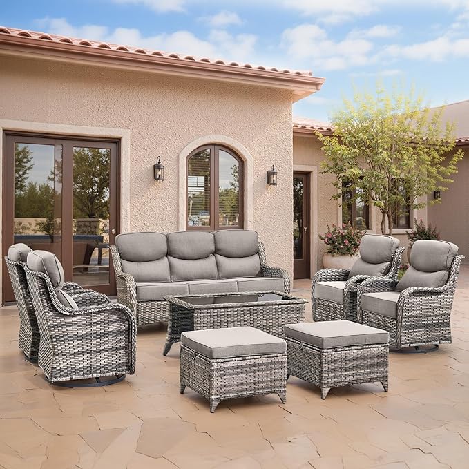 Swivel Patio Chairs sofa Set of 4 with 6" Thick Cushion - Wicker Outdoor Swivel Rocker Patio Chair ,Sofa/Glass coffee table, High Back Comfortable Outdoor Glider Chairs - Grey Wicker | Grey Cushions