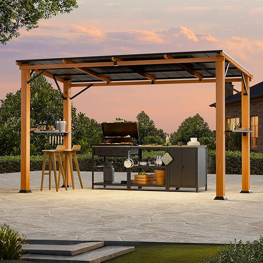 Hardtop Grill Gazebo 6'x12'with Side Shelf, Outdoor Gazebo with Bottle Opener & Hooks, Grill Canopy with Sturdy Rustproof Design for Backyard, Garden, Patio,Wood-Looking
