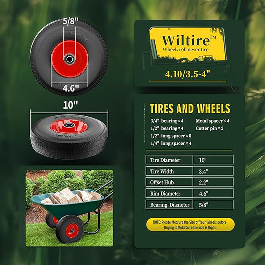 (2 Pack) 4.10/3.50-4 Flat Free Tire and Wheel 10-Inch Solid Wheel Replacement with 5/8 Extra 3/4 &1/2 Bearings,2.2" Offset Hub -Compatible with Hand Truck,Wheelbarrow(Wave,Red)