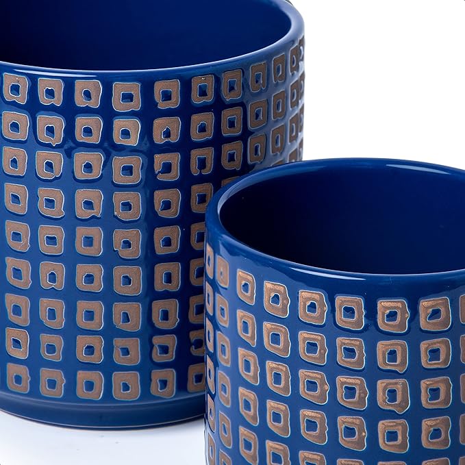 D'vine Dev Set of 2 Ceramic Planter Pots with Drainage Hole and Saucer, 4.5 Inch Plant Pots for Plants Indoor Houseplants, Blue, 99-Z-A-6-V