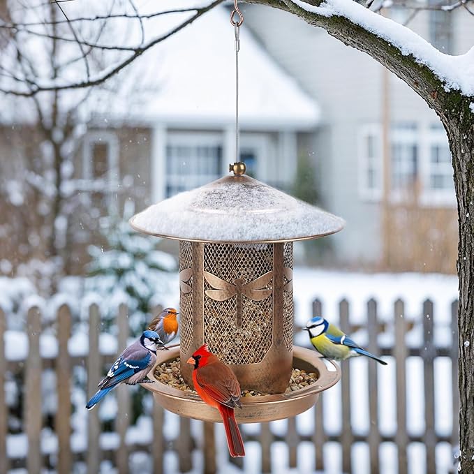 Bird Feeder, Metal Wild Bird Feeders for Outdoors Hanging, Beautiful Birdfeeders for Outside Garden Patio Decors - Dragonfly Pattern