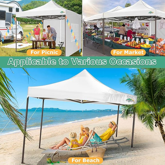 COBIZI 10x10 Pop Up Heavy Duty Canopy with 4 Sidewalls and Hexagonal Legs, Easy up Tent for Events, Parties, Camping, Outdoor Canopy with Portable Bag, Waterproof & UPF50+ (White)